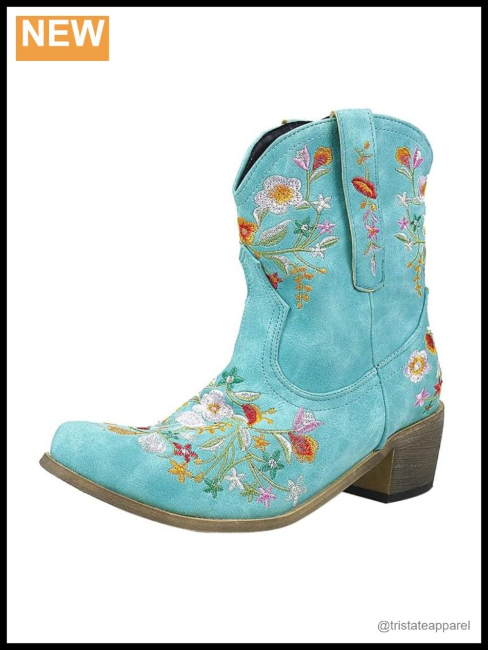 Pointy Toe Embroidered Western Ankle Boots Faux Leather Slip-On
